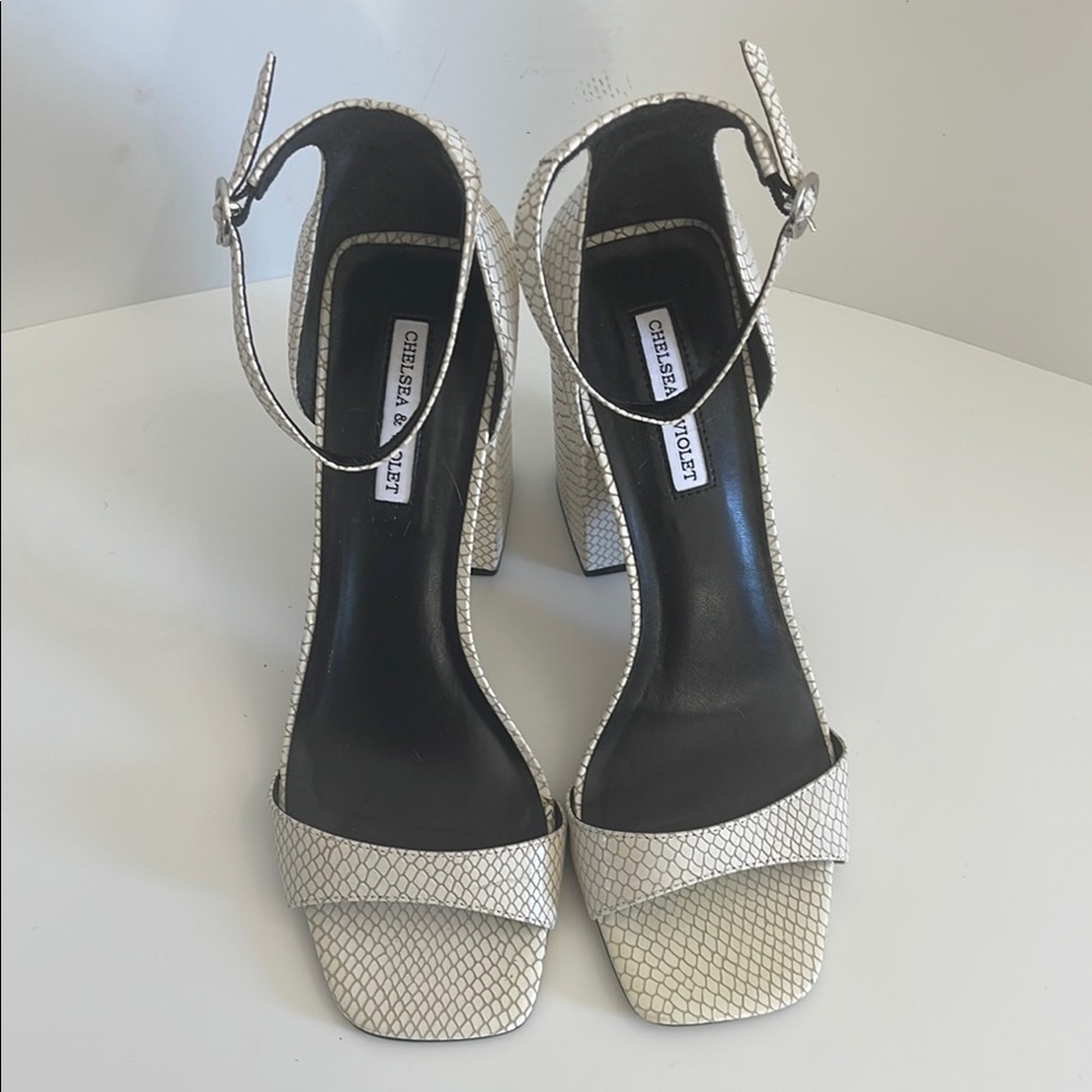 Chelsea & Violet White Textured 4 Inch Chunky High Heel Sandals - Picture 4 of 7